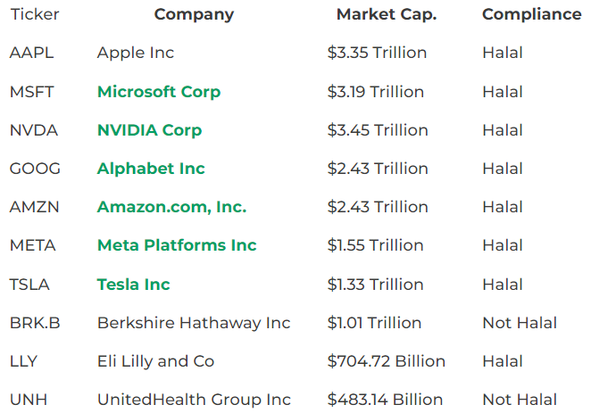 List of Top 10 Companies In USA By Market Capitalization & Their Shariah Compliance Status - obtained from https://blog.islamicly.com/market-screening/shariah-compliant-stocks-in-usa/